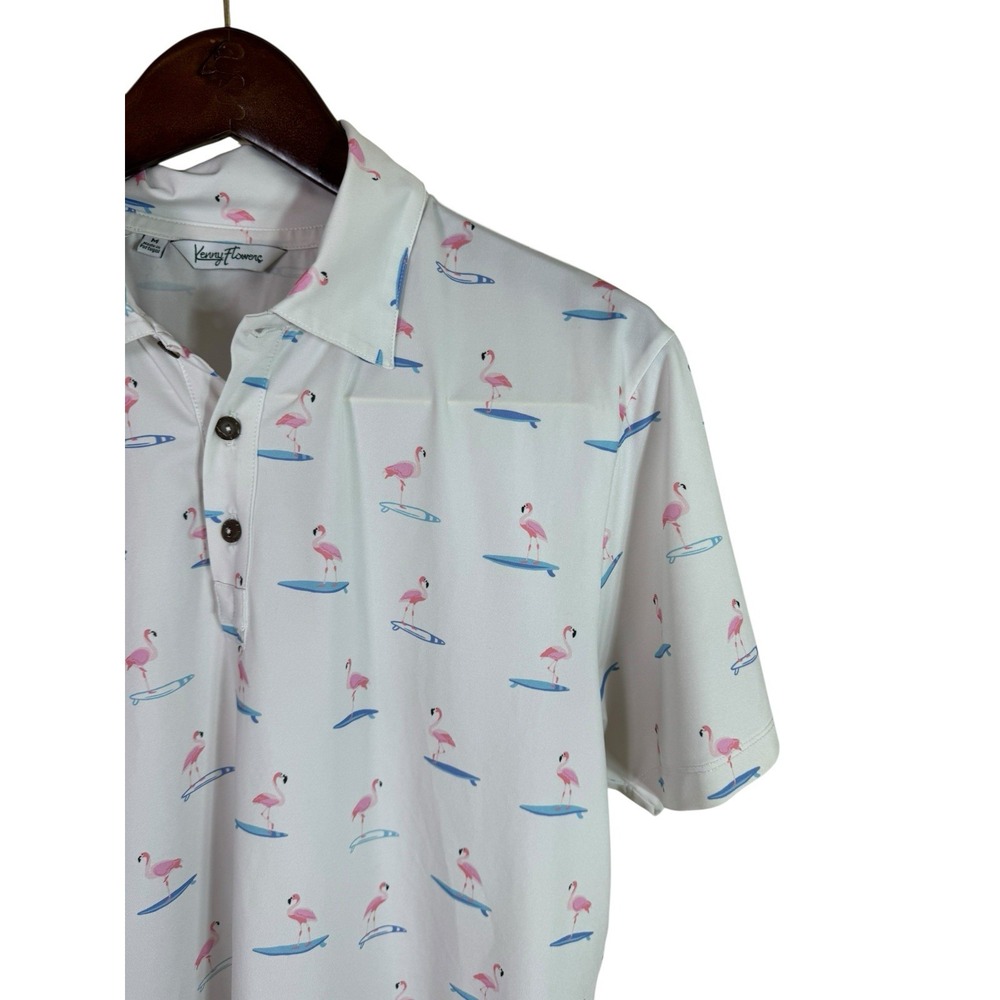 Kenny Flowers"Surfing Flamingos" Golf Shirt.‎ Size Medium Stretch Performance - Picture 3 of 6